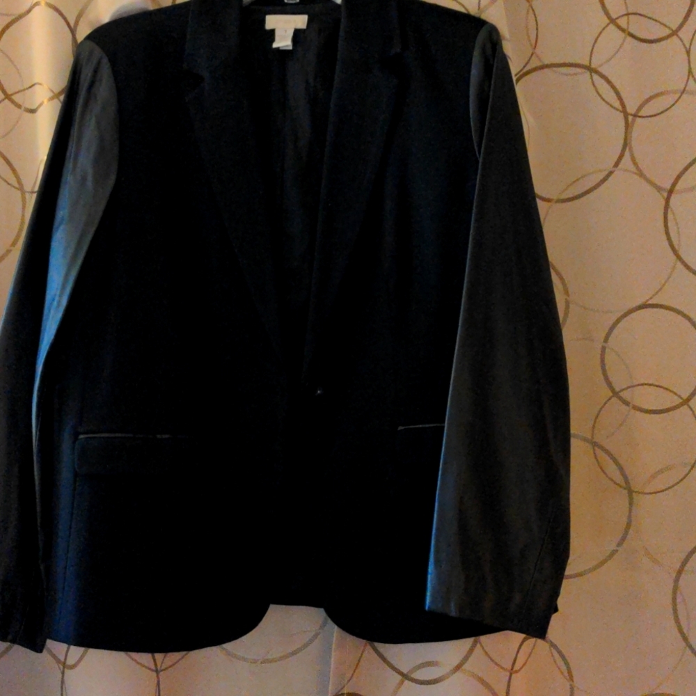 Chico Blazer, faux leather sleeves, fully lined, one button closure